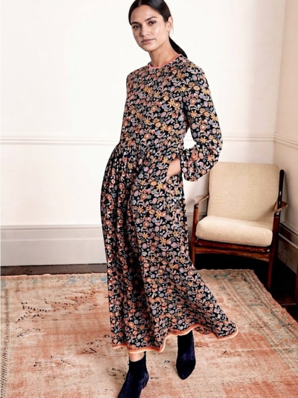 Boden Black Multi Floral Bloom Knit Trim Maxi Dress Size 6